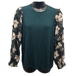 Betseys Boutique Top Green Floral Sheer Long Sleeve Ruffle Detail sz L Fairycore